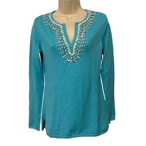 Brooks‎ Brothers Sky Blue V Neck Silk Blend LS Top with Sea Shell Detail Small